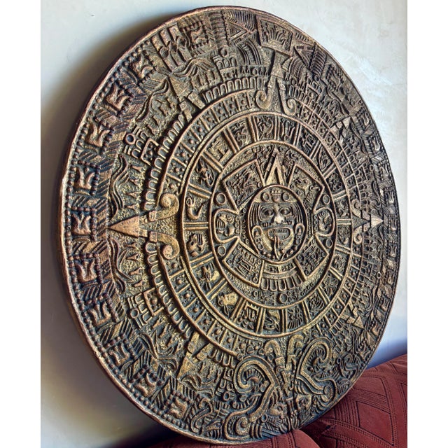 Monumental Mexican Modernist Mid Century Angel Pazmino Style Aztec Inca Mayan Calendar Clay Wall Hanging Art Sculpture Bronze For Sale In San Diego - Image 6 of 8
