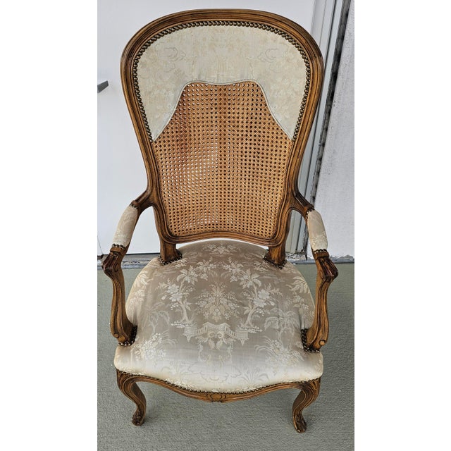 French Late 20th Century Louis XV Style Brass Nail Studded, Caned and Partial Upholstered Fauteuil For Sale - Image 3 of 11