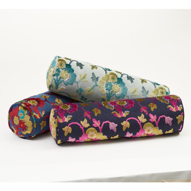 Schumacher Jennie Velvet Bolster Pillow in Peacock & Celadon For Sale In Charlotte - Image 6 of 9