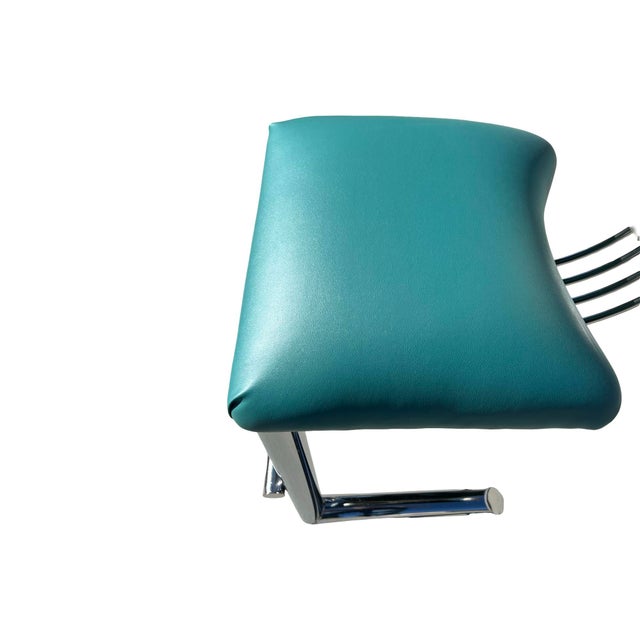 Ettore Sottsass Vintage Mid Century Postmodern Barstools Turquoise Silver 1980s Set of 4 Reupholstered Chrome Attributed to Ettore Sottsass For Sale - Image 4 of 10