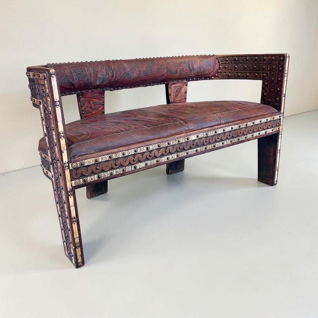 African Hardwood and Leather Two‑seater Settee, 1960s For Sale - Image 3 of 11