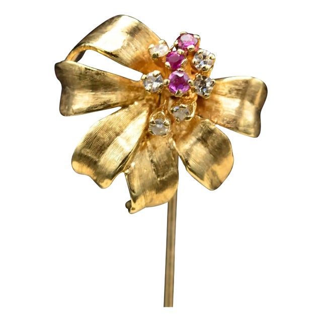Intricate Yellow Gold Stick Pin set with Rubies and Diamonds For Sale