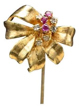 Intricate Yellow Gold Stick Pin set with Rubies and Diamonds