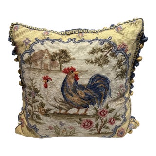 Pair of Country French Rooster Needlepoint Pillows For Sale