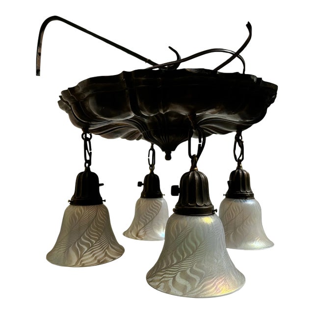 Vintage Sheffield Flushmount Fixture With Lundberg Art Glass Shades For Sale