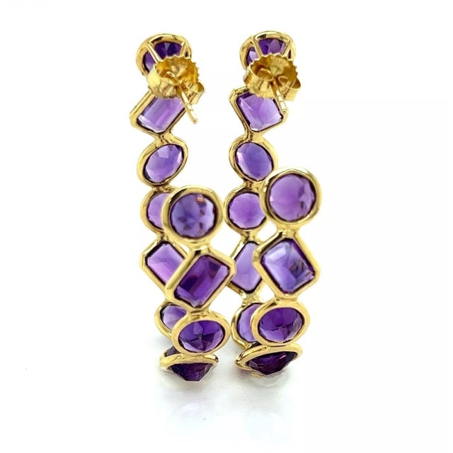 Amethyst Oval Bezel Set 18k Yellow Gold Inside Out Hoop Earrings - 2 Pieces For Sale In Miami - Image 6 of 9