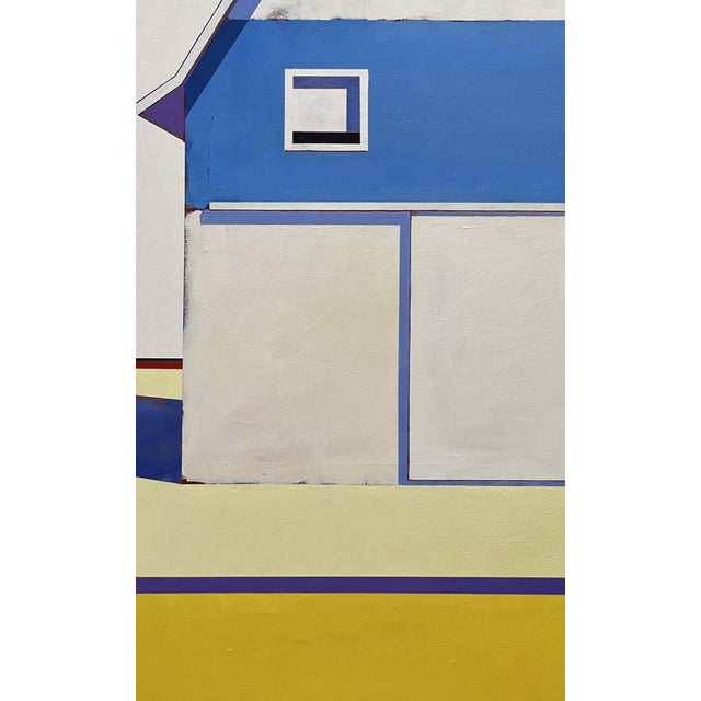 "Barn, Palette #1" is an acrylic on canvas landscape painting by Justin Wheatley, completed in 2024. A barn stands square...