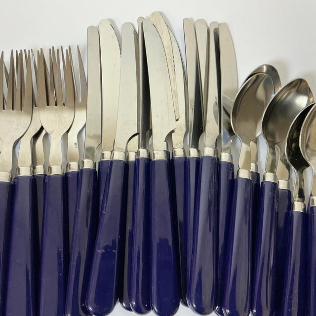 Navy Blue 1970s Vintage Contemporary Boho Chic Navy Stainless Steel Flatware - Set of 36, Service for 12 For Sale - Image 8 of 10