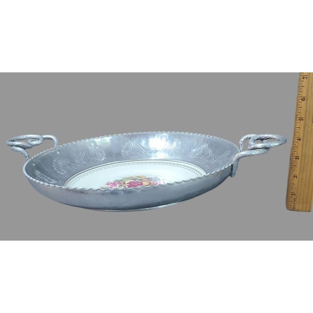 Metal Vintage Triumph Imperial Victorian Limoges Fruit Floral 22k White Gold Plate Farberware Aluminum Tray For Sale - Image 7 of 12