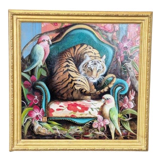 Valentina Toma Original Acrylic Painting of Tiger in Chair in Custom Gilt Frame For Sale