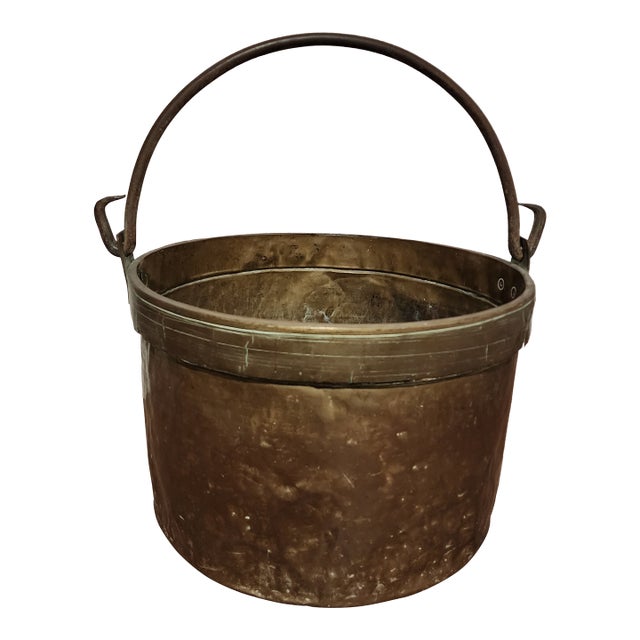 19th-Century Hand-Hammered Dovetailed Copper Cauldron With Forged Iron Handle For Sale