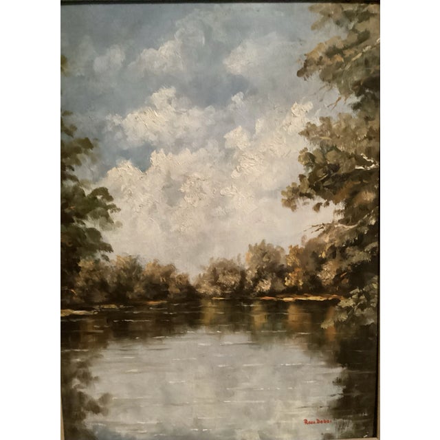 Late 20th Century Original Oil Landscape Serene Lake View, Framed in a Very Thick Ornate Carved Frame With Linen Liner For Sale - Image 5 of 12