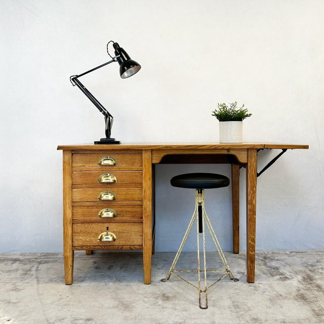 Mid-Century Modern George VI Oak Drop-Leaf Desk, 1930s For Sale - Image 3 of 16