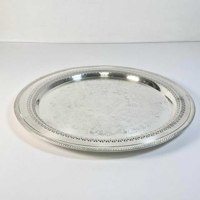 Mid-Century Baroque Hollywood Regency Chippendale Wm Rogers Reticulated Etched Silverplate Tray For Sale - Image 9 of 12