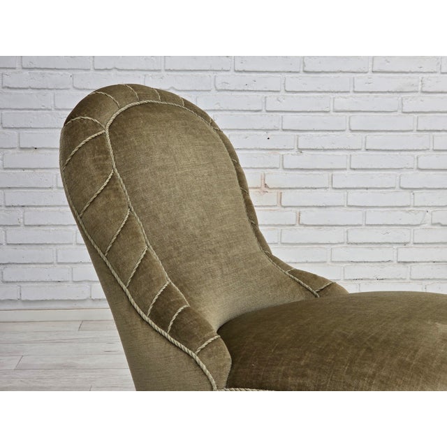 1960s, Danish easy chair. Original green furniture velour, beech wood legs, brass springs in the seat. Original very good...