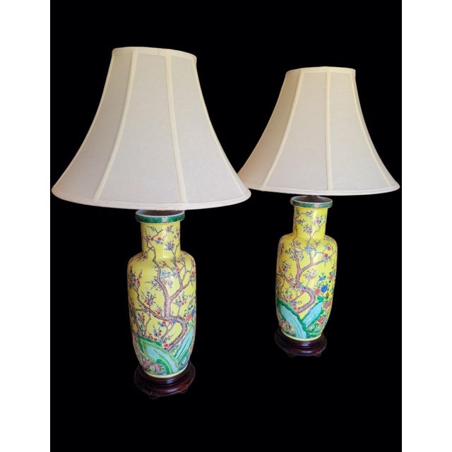 Vintage Yellow Chinoiserie Cherry Blossom Tree Ceramic Table Lamps- A Pair For Sale In West Palm - Image 6 of 10