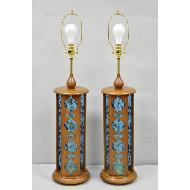 Vintage Modeline Mid Century Modern Walnut & Blue Stained Glass Table Lamps Pair For Sale - Image 14 of 14