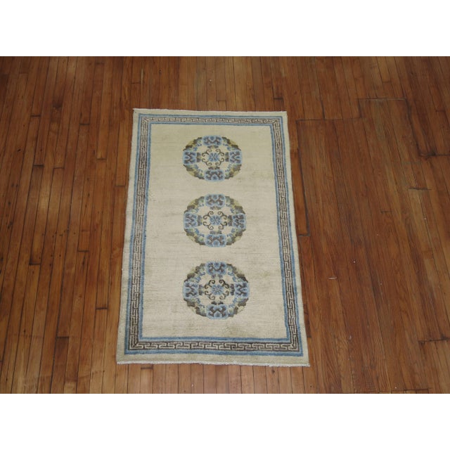 Ivory Light Blue Brown 20th Century Hand Knotted Wool Tibetan Scatter Throw Rug For Sale - Image 13 of 18