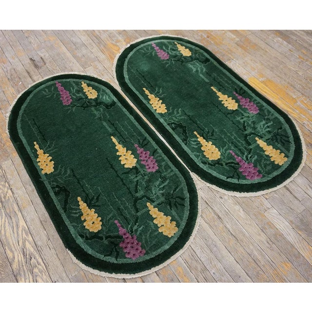 Beautiful Green Background Floral Pattern Pair of Antique Chinese Art Deco Rugs For Sale - Image 13 of 15