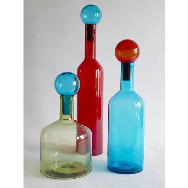 Large Mid-Century Modern Style Red, Blue and Green Murano Glass Bottles, Set of 3 For Sale - Image 3 of 8