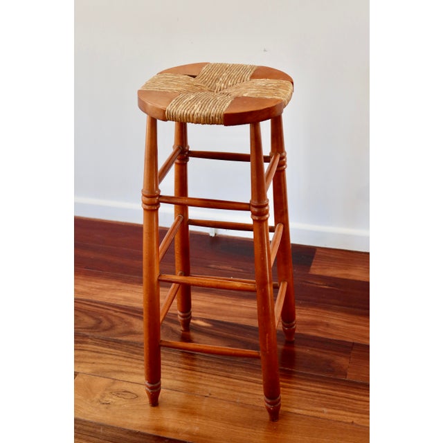 Rustic Antique Wooden Bar Stool with Straw Seat, 1980s For Sale - Image 3 of 12