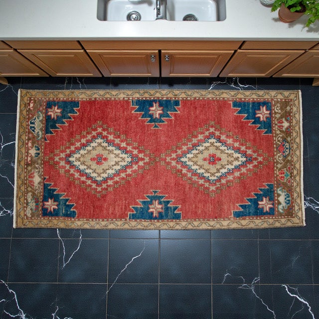 Rustic 1970s Distressed Low Pile Turkish Petite Rug Hand Knotted Entry Mat - 20'' X 41'' For Sale - Image 3 of 10