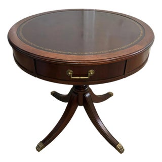 Round Accent Table With Leather Top (20th Century Mersman Attributed Furniture Traditional Style) For Sale