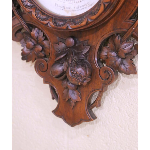Black 19th Century French Black Forest Carved Walnut Wall Barometer Thermometer For Sale - Image 8 of 9