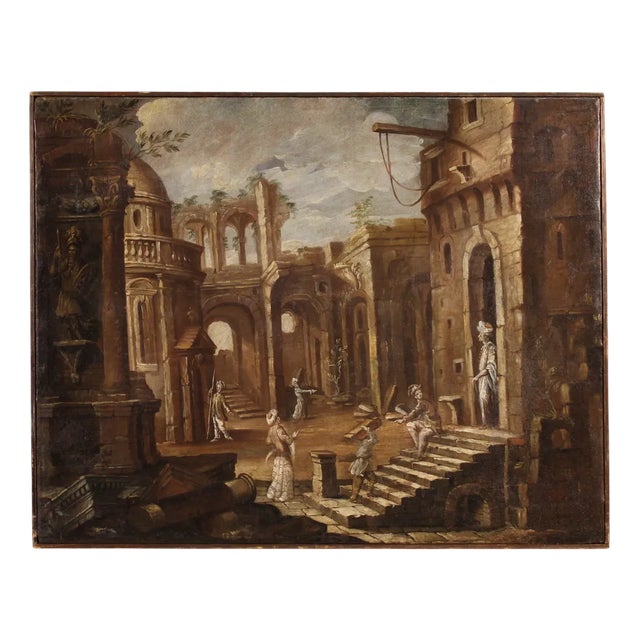 Italian Artist, Architectural Capriccio with Figures, 1740, Oil on Canvas, Framed For Sale