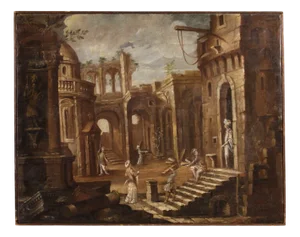 Italian Artist, Architectural Capriccio with Figures, 1740, Oil on Canvas, Framed