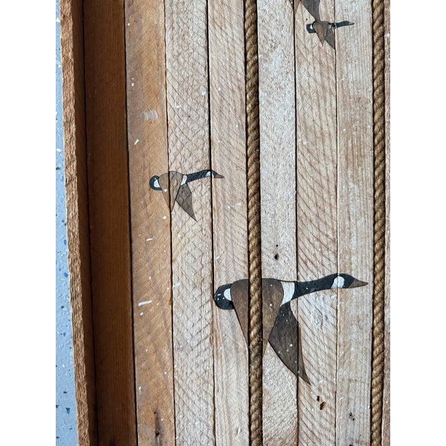 Large Vtg. 1989 Wood Inlay Geese Landscape Art Signed by C. Pruitt Inscribed 19th C. Wood Lath For Sale - Image 10 of 18