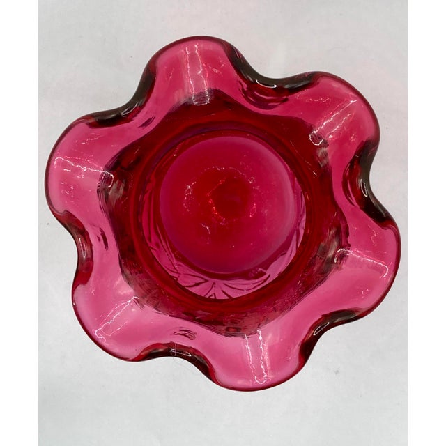 Red Vintage Fenton "Country Cranberry" Art Glass Ruffled Daffodil Vase For Sale - Image 8 of 9