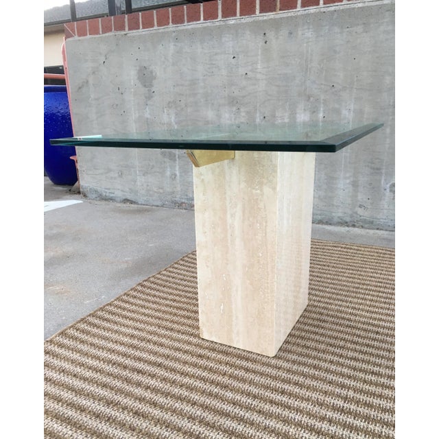 Artedi Brass-X Pedestal Glass End Table in Polished Travertine Italy For Sale - Image 11 of 13