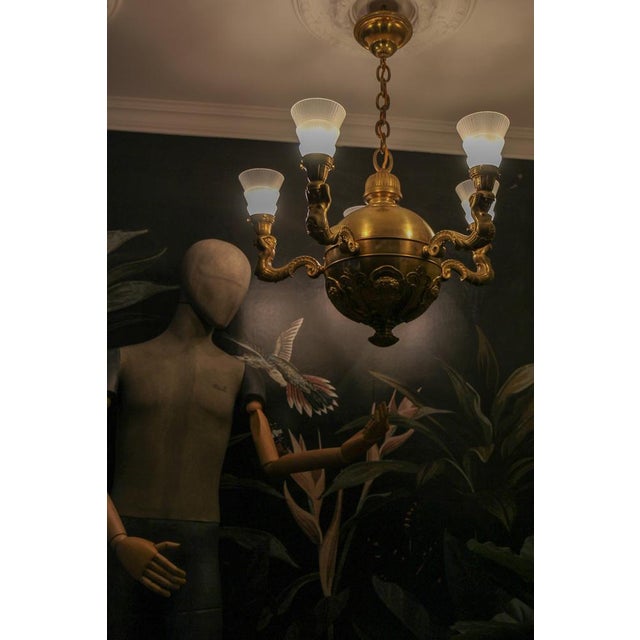 Art Deco Bronze and Frosted Glass Chandelier, 1920 For Sale - Image 14 of 18