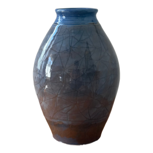 Vintage Hand Thrown Pottery Vase With Glazed Design in Blue and Mauve, Signed