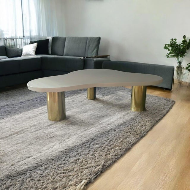Contemporary White Wood Cloud Style Coffee Table with Three Brass Feet from Justfurnituress SRL For Sale - Image 3 of 9