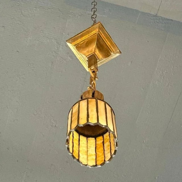 Metal Pair of Arts & Crafts Stain Glass and Brass Pendant Lights For Sale - Image 7 of 9