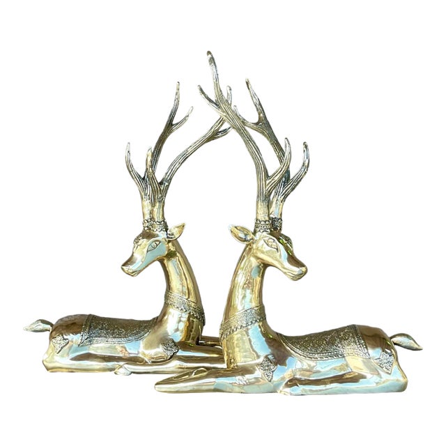 Vintage Regency Brass Sitting Deers- a Pair For Sale