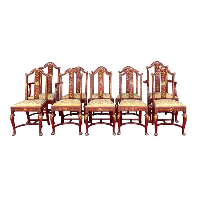 Early English Georgian Queen Anne Style Red & Gilt Chinoiserie Dining Chairs -S/10 For Sale