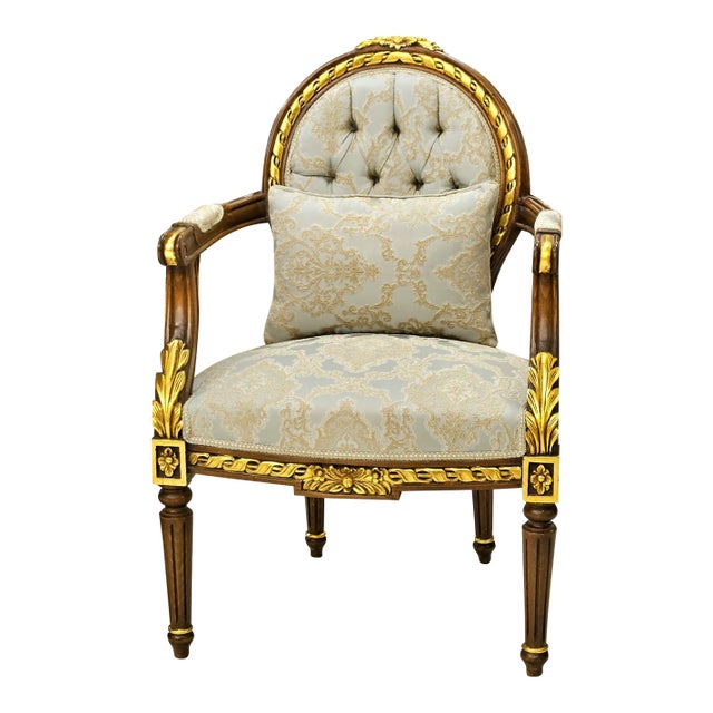 French Louis XVI Damask Accent Armchair With Hand-Carved Wood Frame & Gold Leaf Details For Sale