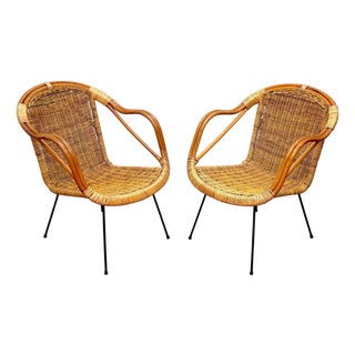 Pair of Italian Bamboo and Rattan Club Chairs Attributed to Franco Albini, Italy For Sale