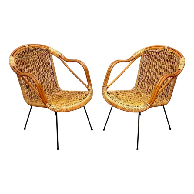 Pair of Italian Bamboo and Rattan Club Chairs Attributed to Franco Albini, Italy For Sale