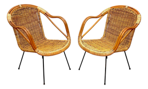 Pair of Italian Bamboo and Rattan Club Chairs Attributed to Franco Albini, Italy