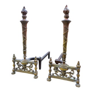Andirons Louis XVI Style Flame Torch Antique Brass a Pair For Sale