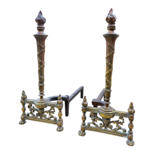 Andirons Louis XVI Style Flame Torch Antique Brass a Pair