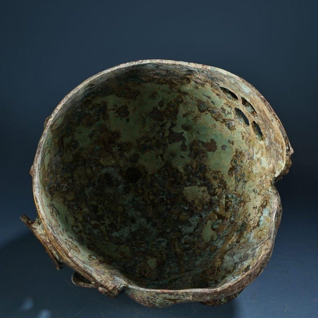 Ancient Chinese Bronze Helmet With Gold Inlay Mask – Intricate Gilded Face Armor Sculpture For Sale - Image 10 of 10