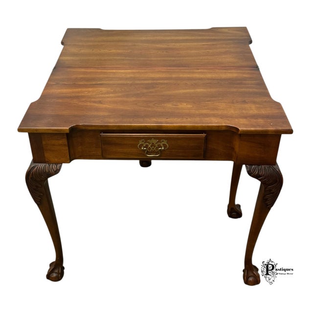 Vintage Statton Needham Bicentennial Collection Chippendale Style Oxford Cherry Flip Top Card / Console Table For Sale In Greensboro - Image 6 of 12
