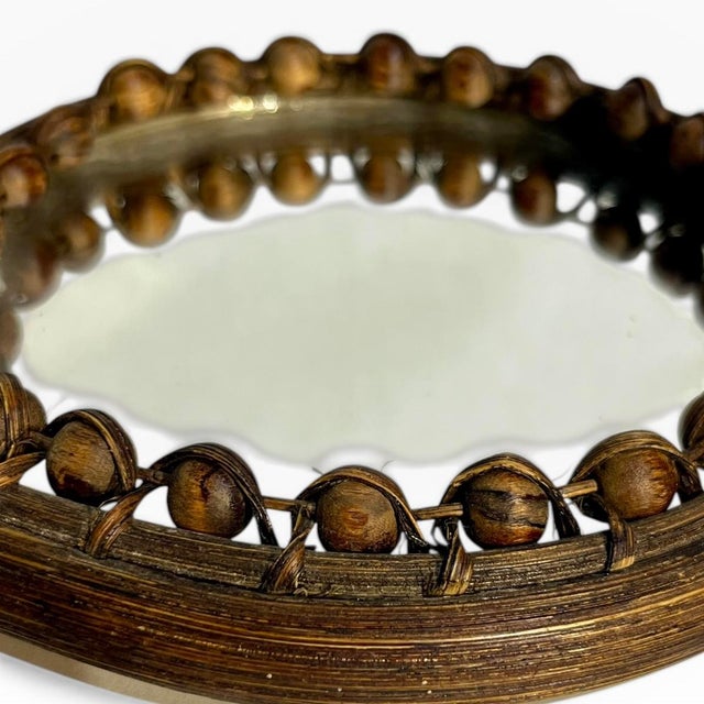 Vintage French Wicker Wrapped Hand Mirror With Decorative Beaded Frame For Sale - Image 11 of 13