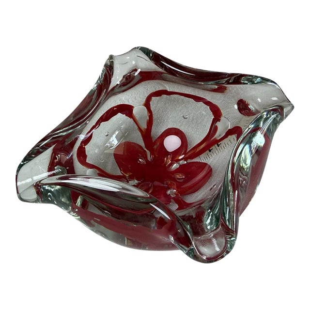 1960s Art Glass Ashtray MCM Red Encased Floral Bubbles Hand Worked Heavy Freeform For Sale