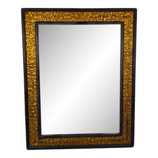 1970s Hollywood Regency Black & Gilt Foliate Relief Rectangular Wall Mirror For Sale